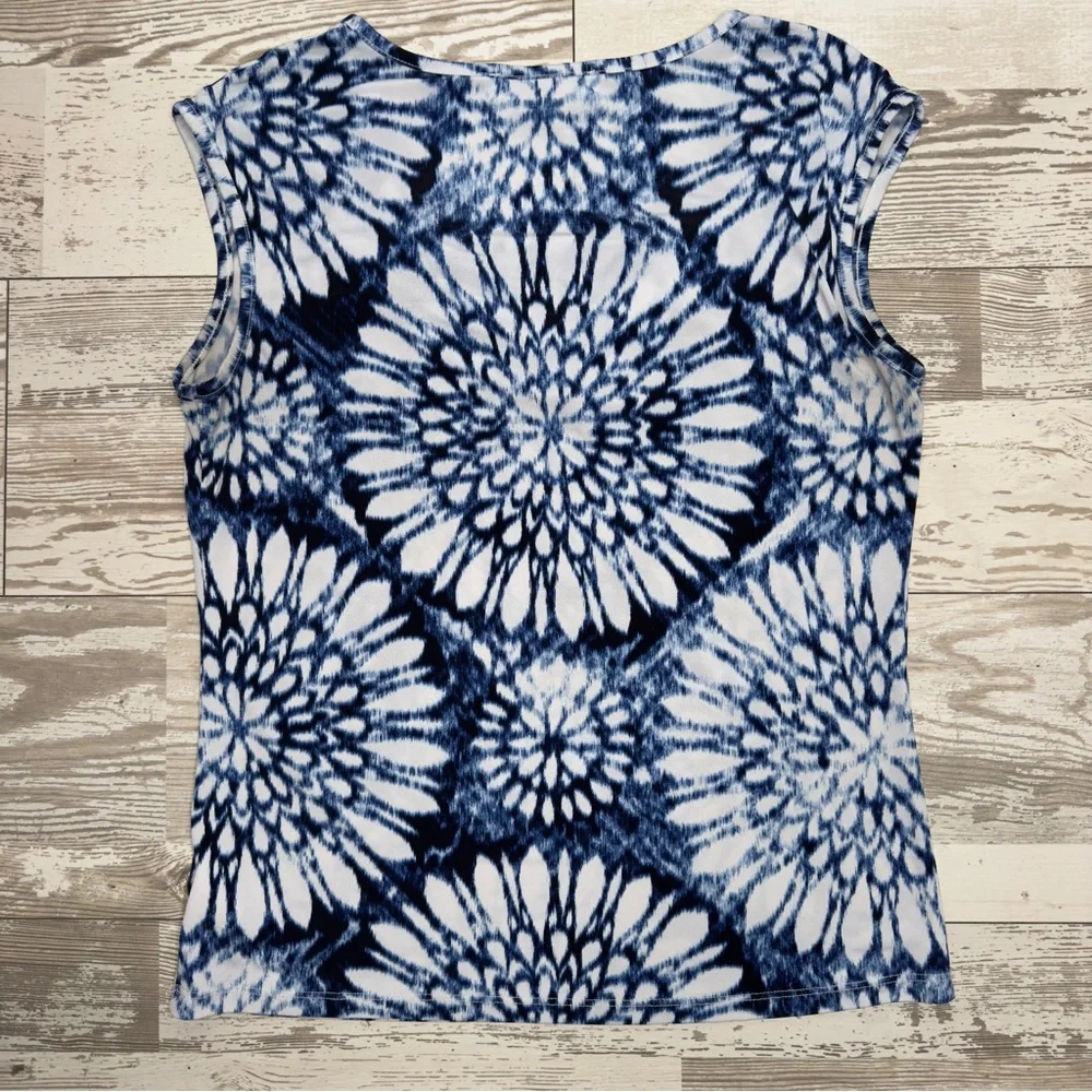 Michael Kors Petite Medium Sleeveless Abstract Floral‎ Top Blue White V-Neck